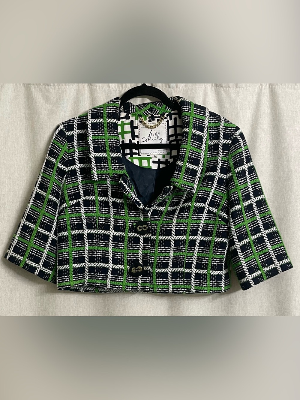 Milly of New York Plaid Tweed Cropped Blazer Jacket Green Black Size 10